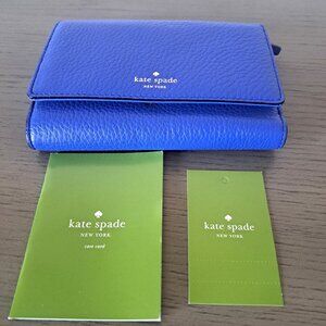 Kate Spade New York Blue Pebbled Leather Trifold Logo Wallet Snap Closure NWT